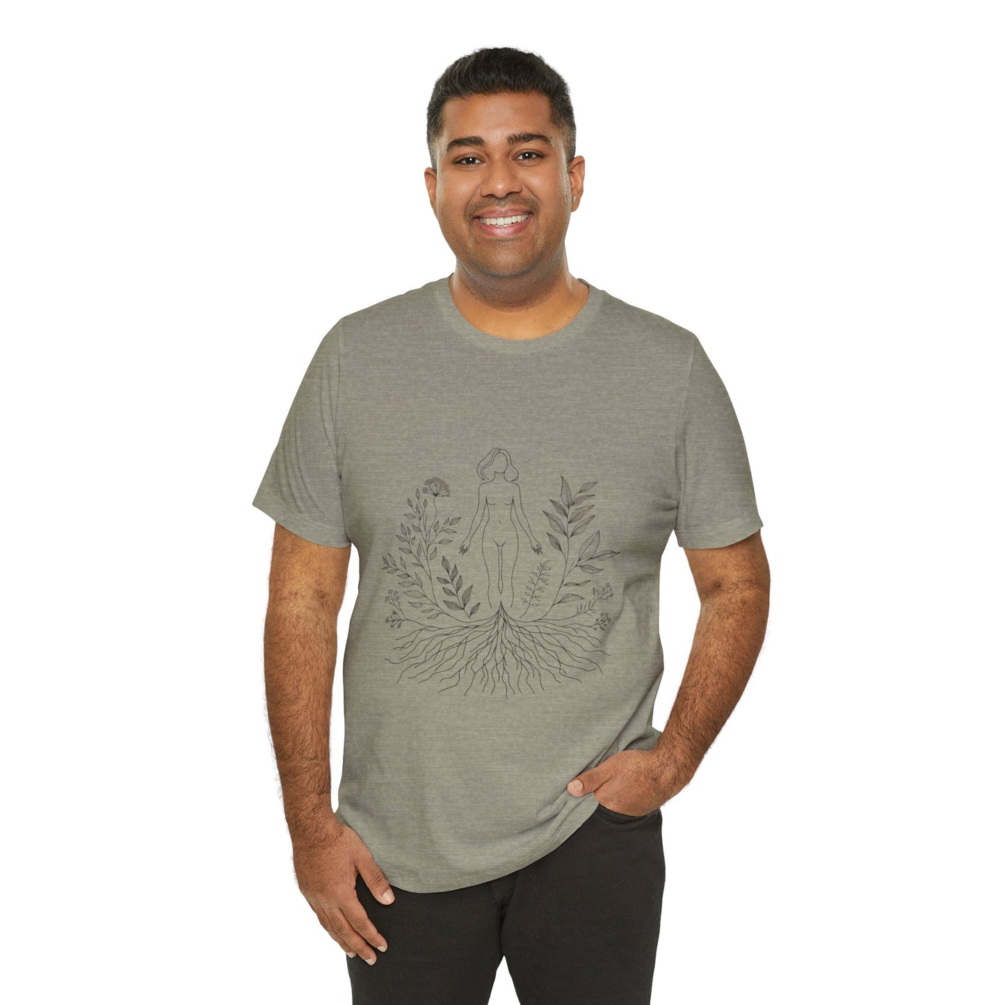Earthbound Woman Tee – Botanical Line Art Drawing, Spiritual Nude Design | Arte Vert Designs