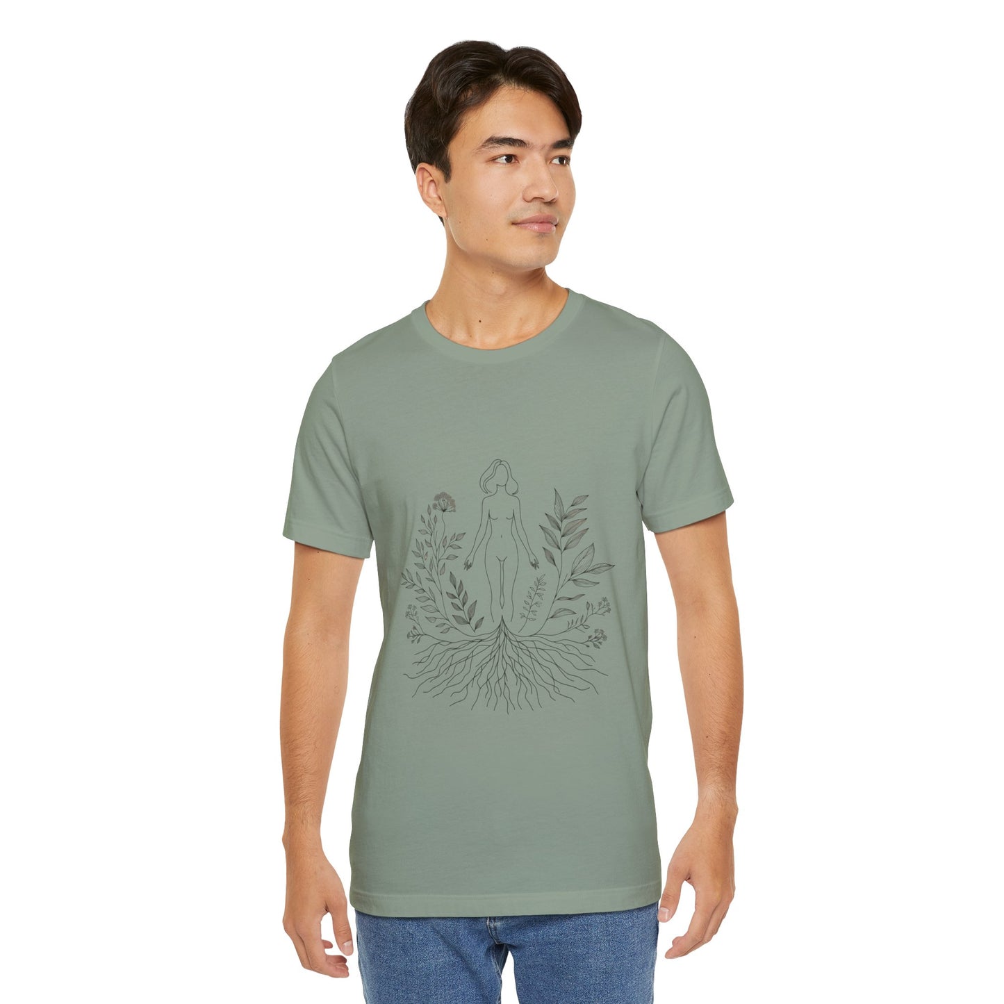 Earthbound Woman Tee – Botanical Line Art Drawing, Spiritual Nude Design | Arte Vert Designs