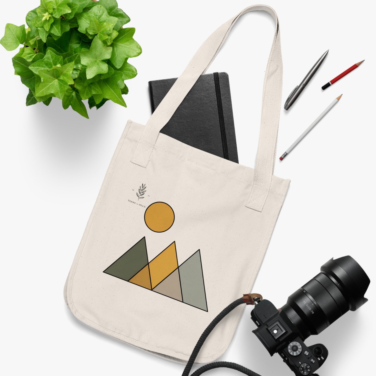 ArteVert Organic Canvas Tote - Minimal Geometric Mountain & Sun Design