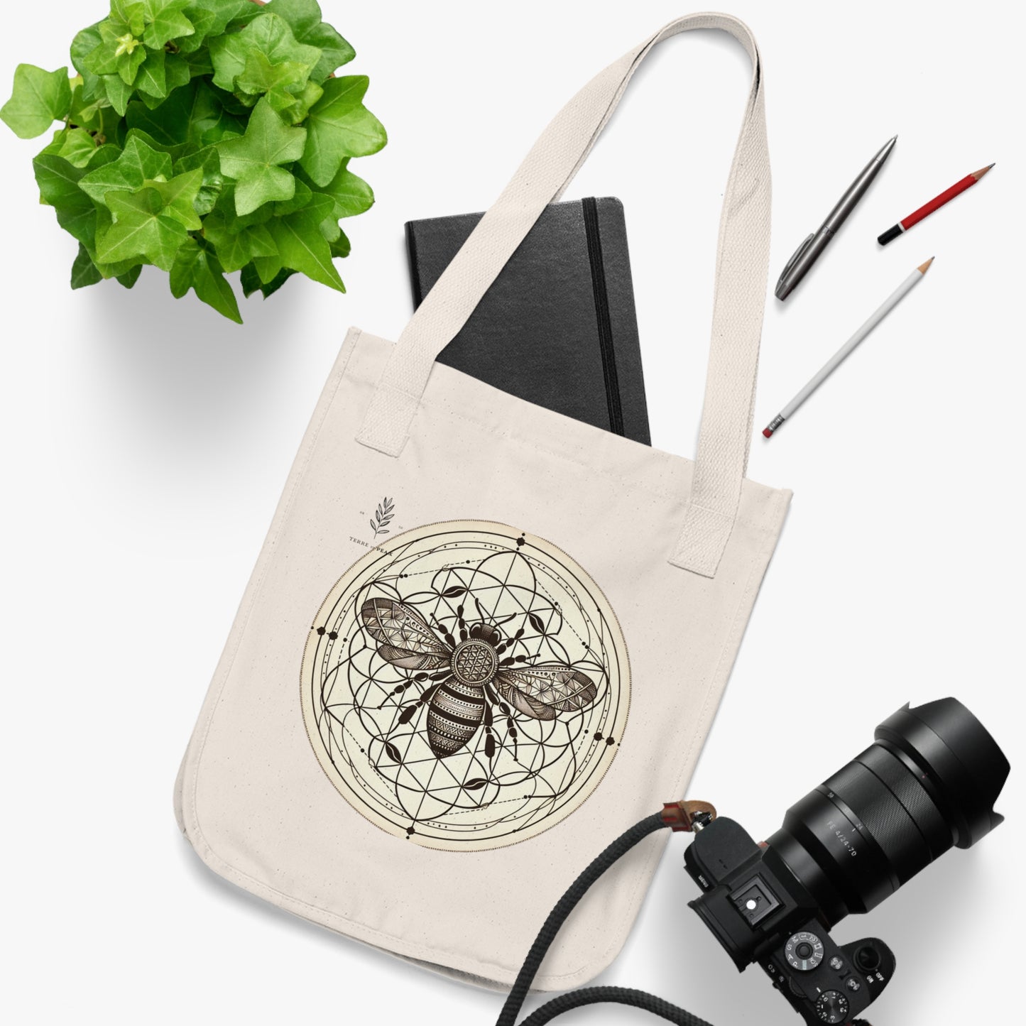 Sacred Geometry Bee Tote – Boho Bee & Flower of Life Design | Earthy Canvas Tote Bag